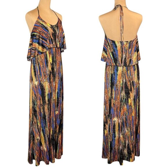 Veronica M Flowy Printed Maxi Dress Sz.M Multi Halter Open Back Boho Feminine - Picture 1 of 10